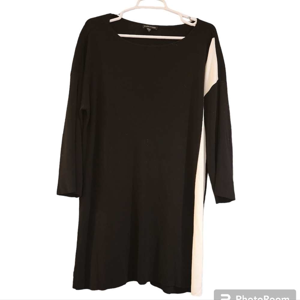 Eileen Fisher Dress Tencel Black White Color Block Stripe Knit Pullover Size XL